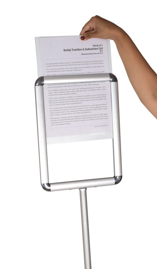Top Loading A4 Aluminium Poster Stand - Quick Document Insertion from Top, Adjustable Height, Portrait and Landscape Orientation, Comes With Writing surface Panel - Image 5