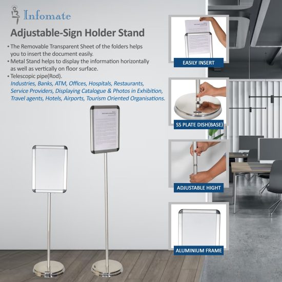 Top Loading A4 Aluminium Poster Stand - Quick Document Insertion from Top, Adjustable Height, Portrait and Landscape Orientation, Comes With Writing surface Panel - Image 7