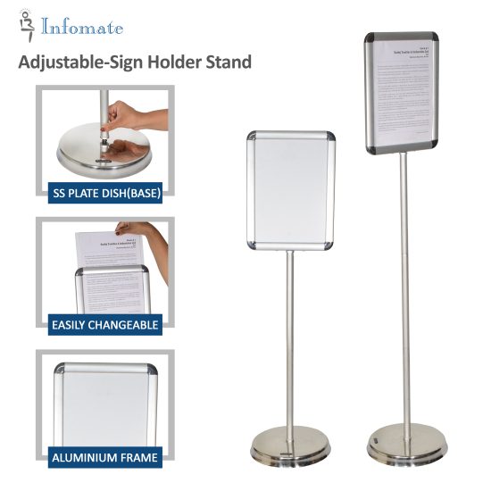 Top Loading A4 Aluminium Poster Stand - Quick Document Insertion from Top, Adjustable Height, Portrait and Landscape Orientation, Comes With Writing surface Panel - Image 2