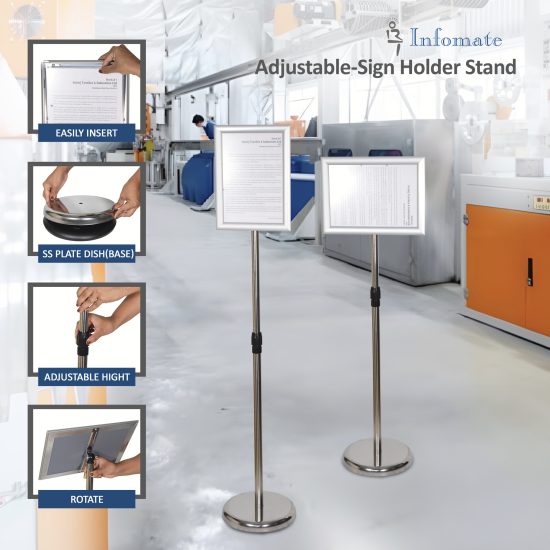Adjustable Pedestal Poster Stand Aluminum Snap Open Frame Portrait and Landscape Display With Water Tank Base, sign holder display stand for floor, billboard stand